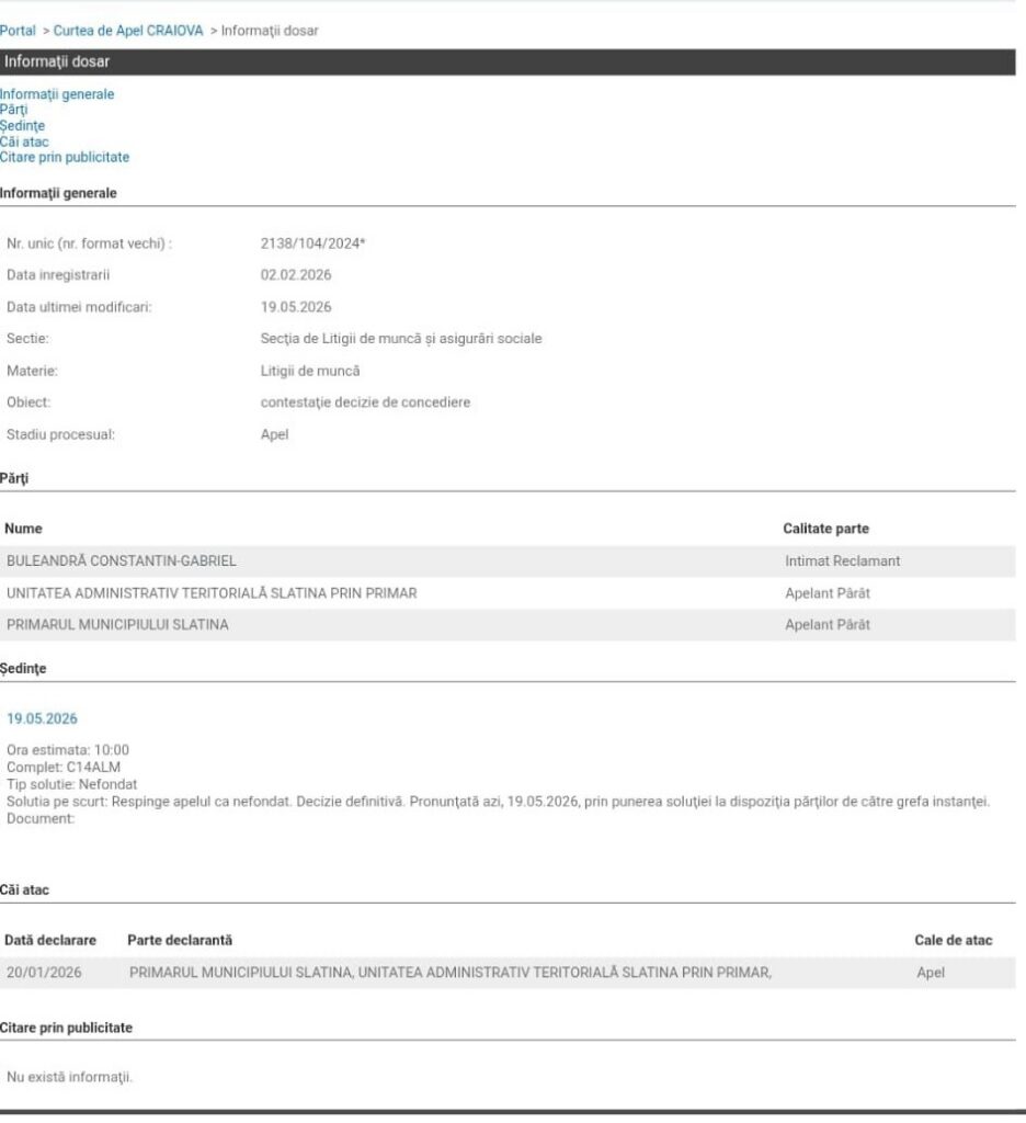 Informational court document page showing case 2138/104/2024 with parties and procedural details (Romanian).