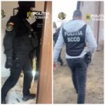Two Romanian police officers in tactical gear inside a building, one in black uniform and the other wearing a vest marked 'POLITIA BCCO' outside.