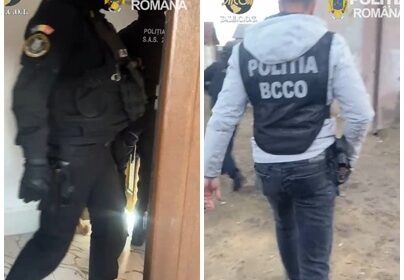 Two Romanian police officers in tactical gear inside a building, one in black uniform and the other wearing a vest marked 'POLITIA BCCO' outside.
