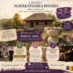 Poster announcing Brâncuși 150th birthday festival in Hobița, Romania (June 24–28, 2026) with a rustic wooden house and colorful flower displays.