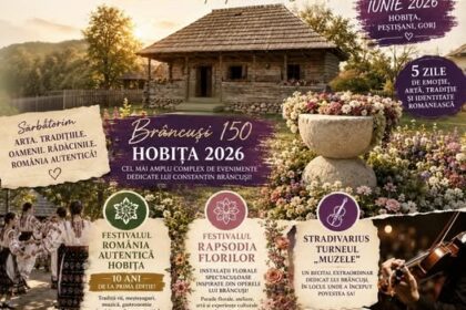 Poster announcing Brâncuși 150th birthday festival in Hobița, Romania (June 24–28, 2026) with a rustic wooden house and colorful flower displays.