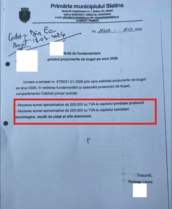 Document administrativ de la Primăria Slatina, cu siglă și text despre bugetul pe 2026, cu două puncte evidențiate într-un chenar roșu