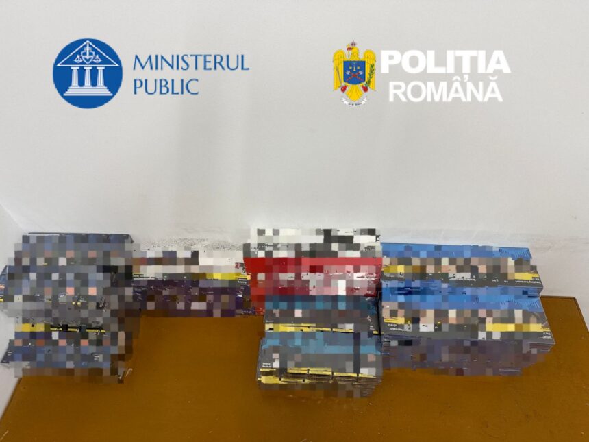 Stacks of boxed items on a table in a room with the Romanian Ministry of Public Affairs and Police logos on the wall.