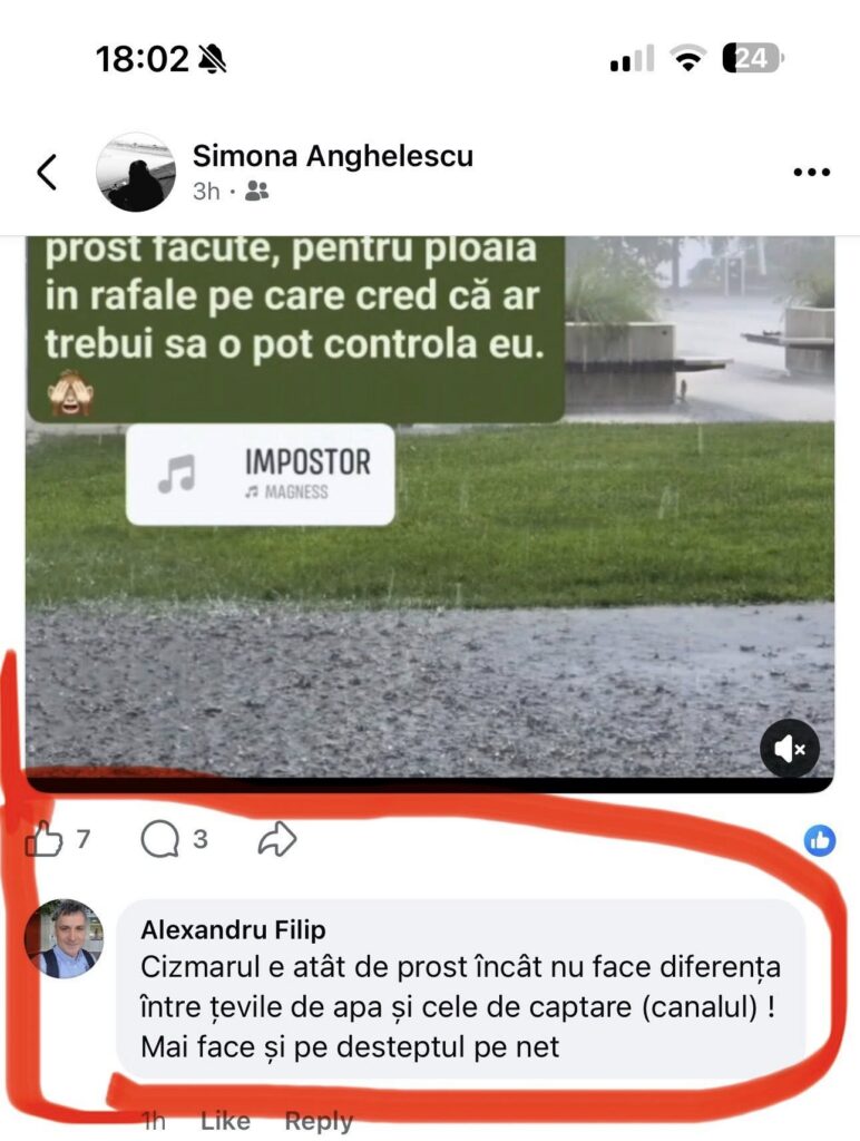 Facebook post screenshot showing a meme-style image: large Romanian text in a green speech bubble over a park with wet ground, a white card labeled'IMPOSTOR' and a music note icon, and user interface elements of a social feed visible.