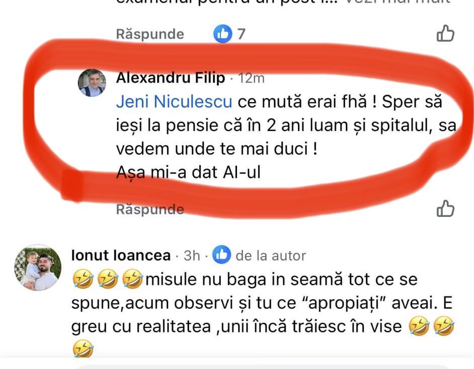Screenshot of a Facebook-like thread in Romanian, with a red scribble circling a comment by Alexandru Filip addressing Jeni Niculescu about retirement and visiting a hospital; includes profile thumbnail and'12m' timestamp.