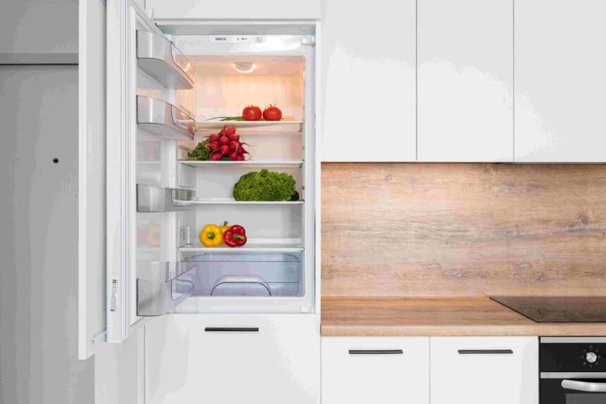 Open refrigerator showing shelves with tomatoes, peppers, greens, and scattered produce in a modern kitchen.