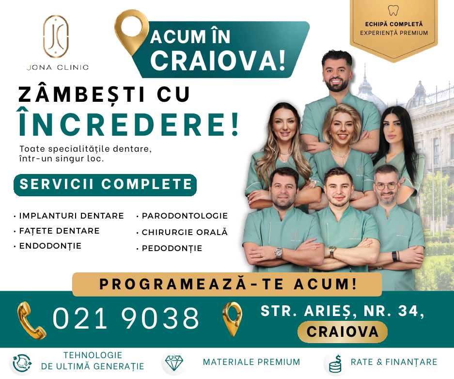 Poster pentru Jona Clinic Craiova: echipă de medici dentiști în halate verzi, textul 'ZâMBEȘTI CU ÎNCREDERE!' și 'ACUM ÎN CRAIOVA!', listă de servicii și date de contact (021 9038, Str. Aries 34).