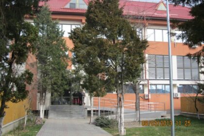 Brick building with red roof and large windows, entry stairs visible behind several trees; date stamp reads 08/03/2013 11:25.
