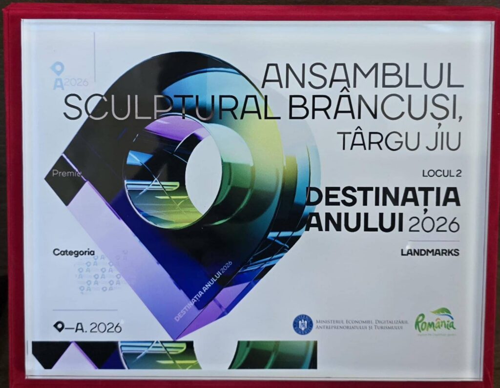 Poster advertising the Brâncuși sculptural ensemble in Târgu Jiu, titled 'Destination of the Year 2026', with colorful geometric art and logos.