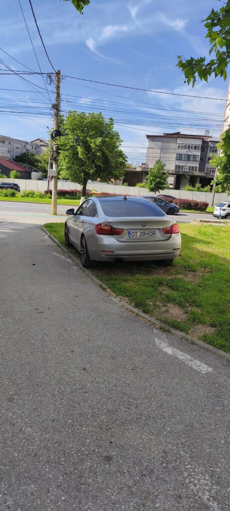 Silver BMW sedan parked on a grassy verge beside a sidewalk, with trees and utility poles in the background on a sunny street.