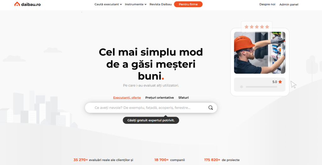 platforma-daibau - Jurnalul Olteniei – Știri din Craiova și Oltenia Hero section promoting finding skilled craftsmen: Romanian headline, search bar, cityscape left, handyman rating card on the right (image conveys platform purpose).