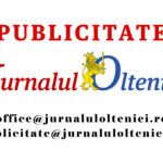 Publicitate banner: red 'PUBLICITATE' text above, with the Jurnalul Olteniei logo (lion with sword and blue circle) and repeated contact emails below.