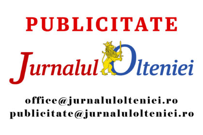 Publicitate banner: red 'PUBLICITATE' text above, with the Jurnalul Olteniei logo (lion with sword and blue circle) and repeated contact emails below.