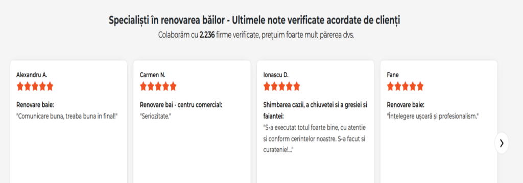 recenzii-mesteri-renovare-baie - Jurnalul Olteniei – Știri din Craiova și Oltenia Section of client reviews for bathroom renovators showing four testimonials with 5-star ratings and short quotes (Alexandru A., Carmen N., Ionascu D., Fane).