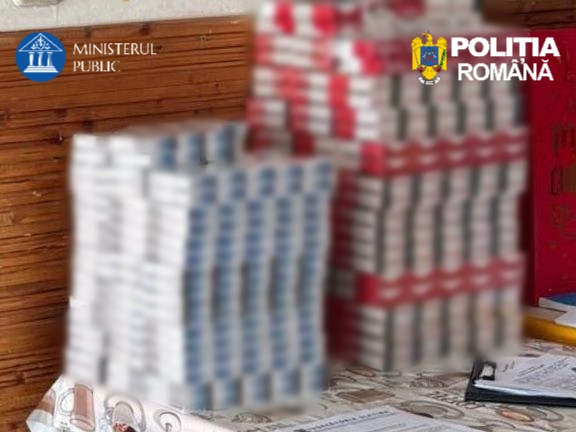 Blurred stacks of packaged goods on a table, with official logos from the Romanian Public Prosecutor's Office and Romanian Police in the corners.
