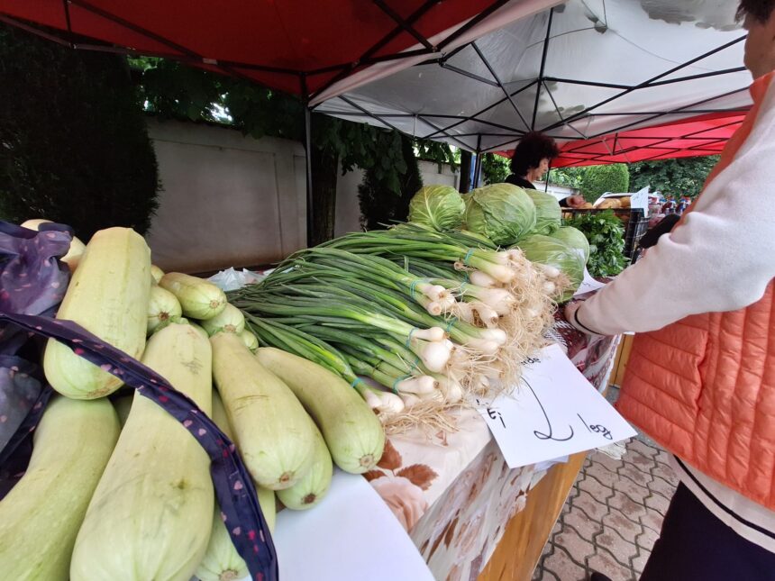 Outdoor market stall with fresh vegetables: long green onions, cabbages, and light green squash, a shopper in an orange jacket nearby under a red-and-white canopy.