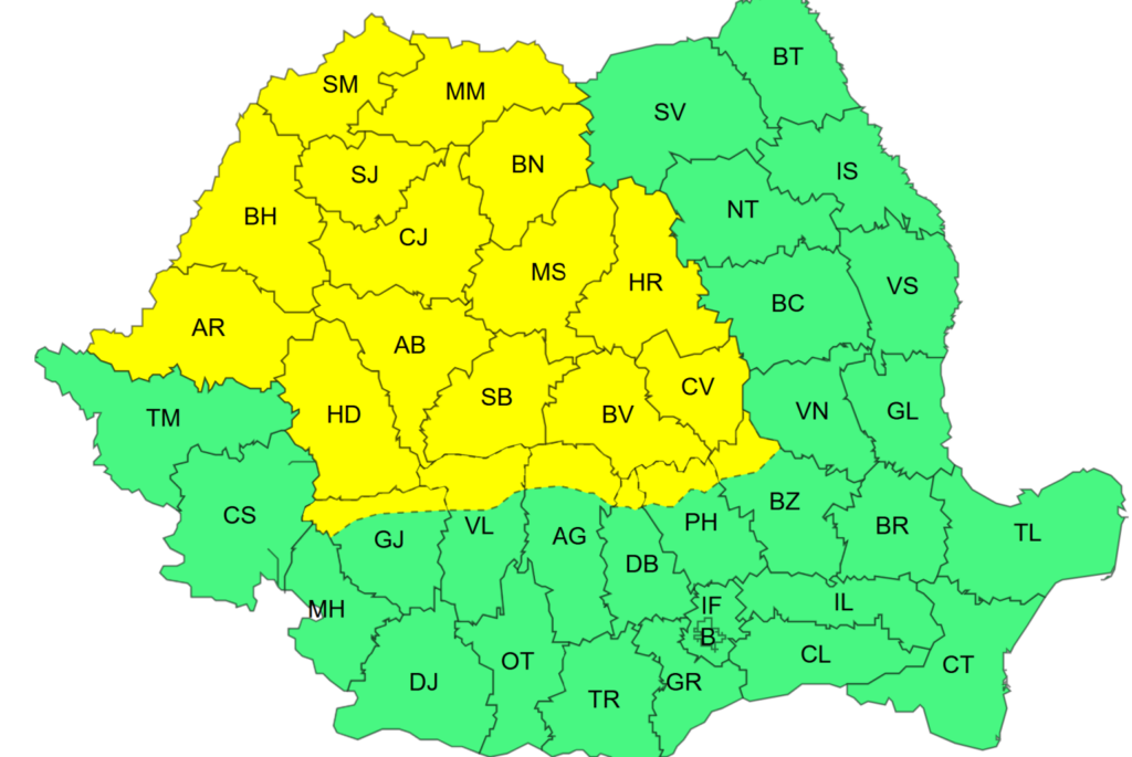 Map of Romania's counties with two color groups: yellow in the west/north and green in the south/east, each county labeled by its two-letter code