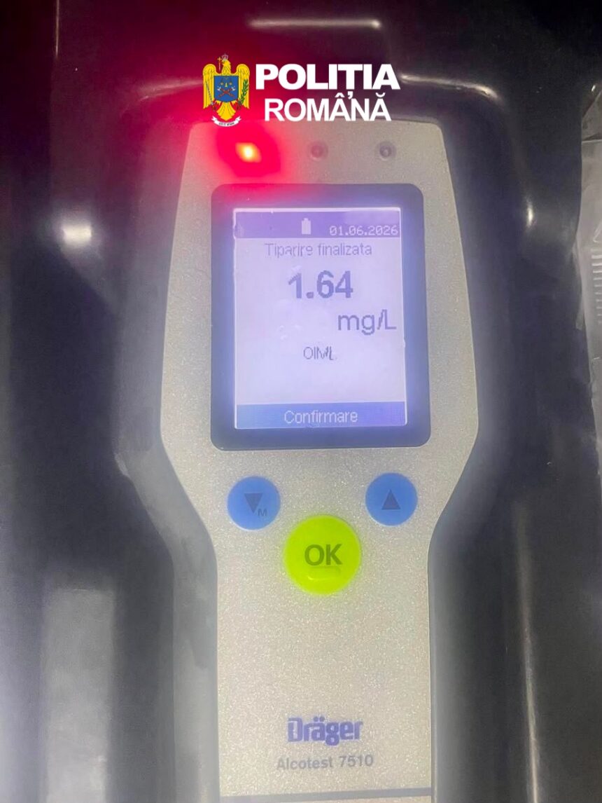 Breathalyzer reading 1.64 mg/L on a Dräger Alcotest 7510, Romanian Police branding visible above the device, indicating an alcohol test result.