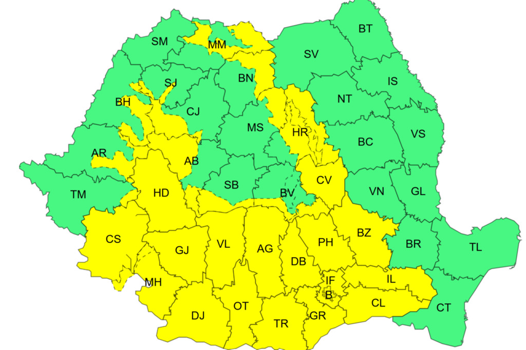 Color-coded map of Romania highlighting counties in green and yellow, showing regional distribution with abbreviations (e.g., AB, HD, BU) and borders between counties.