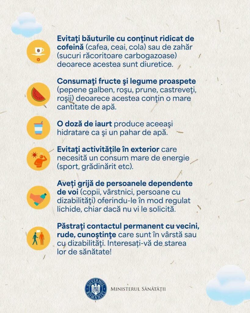 Infographic from Romania's Ministry of Health listing six health tips with yellow icons on the left and blue text on a light background.