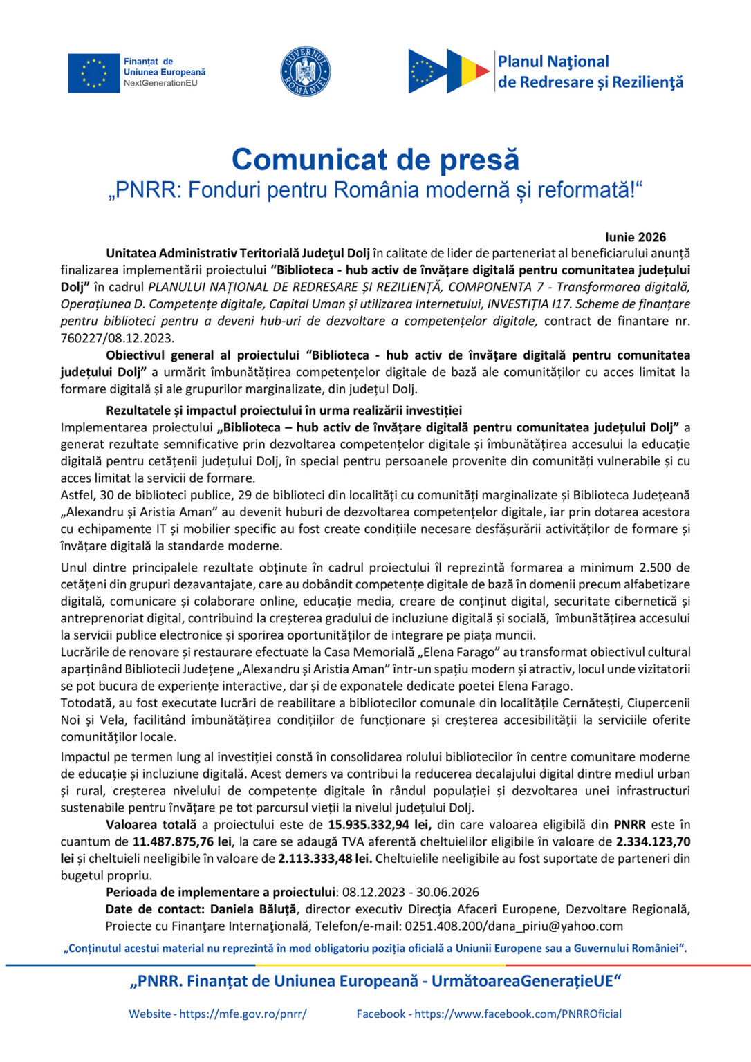 comunicat de presă CMYK - Jurnalul Olteniei – Știri din Craiova și Oltenia Press release header with EU and Romanian logos and the title 'Comunic vast de presă' about PNRR funding (Romania modernization).