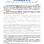 Press release header with EU and Romanian logos and the title 'Comunic vast de presă' about PNRR funding (Romania modernization).