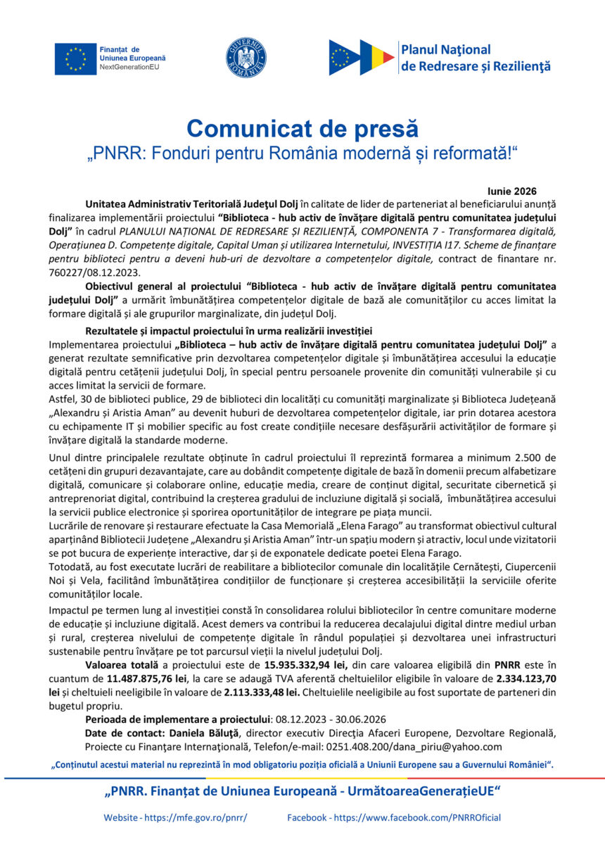 Press release header with EU and Romanian logos and the title 'Comunic vast de presă' about PNRR funding (Romania modernization).