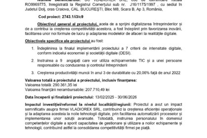 Header with EU flag and Romanian government logos atop a formal press release about digitalization grants under PNRR, titled 'Comunicát de presă finalizare implementare'.