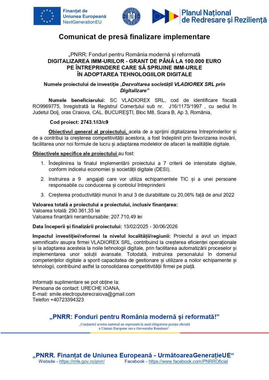 Header with EU flag and Romanian government logos atop a formal press release about digitalization grants under PNRR, titled 'Comunicát de presă finalizare implementare'.