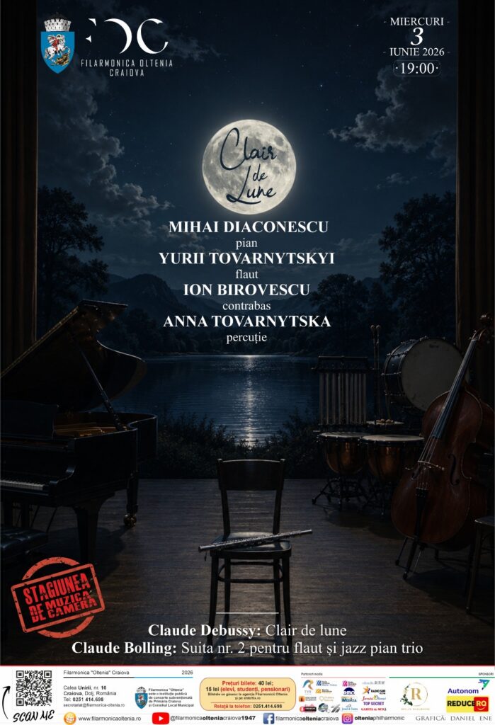 3 iunie 2026 FOC - Jurnalul Olteniei – Știri din Craiova și Oltenia Poster for Clair de lune concert by Mihai Diaconescu with Yuri Tovarnytskyi, June 3, 2026 at 19:00, Filarmonica Oltenia Craiova.
