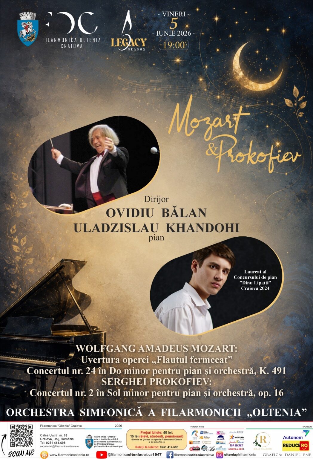 5 iunie 2026 FOC - Jurnalul Olteniei – Știri din Craiova și Oltenia Concert poster for Mozart & Prokofiev, conductor Ovidiu Balán and pianist Uladzislau Khandohi, Craiova 2026, with a moonlit musical theme.