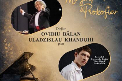 Concert poster for Mozart & Prokofiev, conductor Ovidiu Balán and pianist Uladzislau Khandohi, Craiova 2026, with a moonlit musical theme.