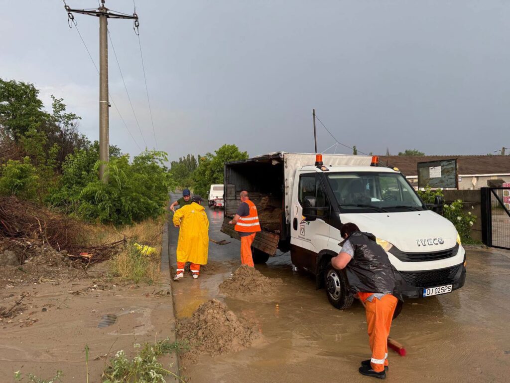 Workers in orange safety gear unload debris from a white delivery truck on a flooded, muddy street; fallen branches and a toppled pole nearby.