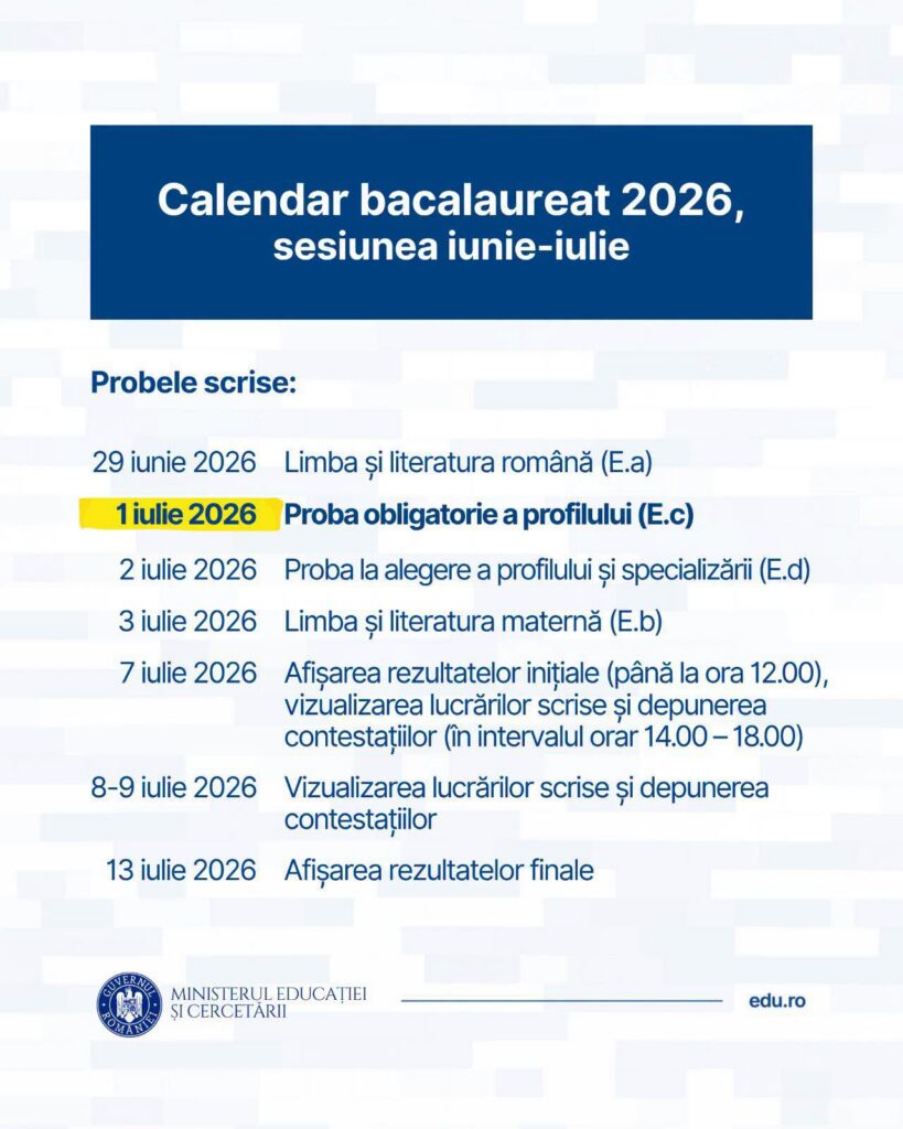 Posterul arată calendarul bacalaureat 2026, sesiunea iunie-iulie, cu datele principale și materiile examenelor în română și literatură.