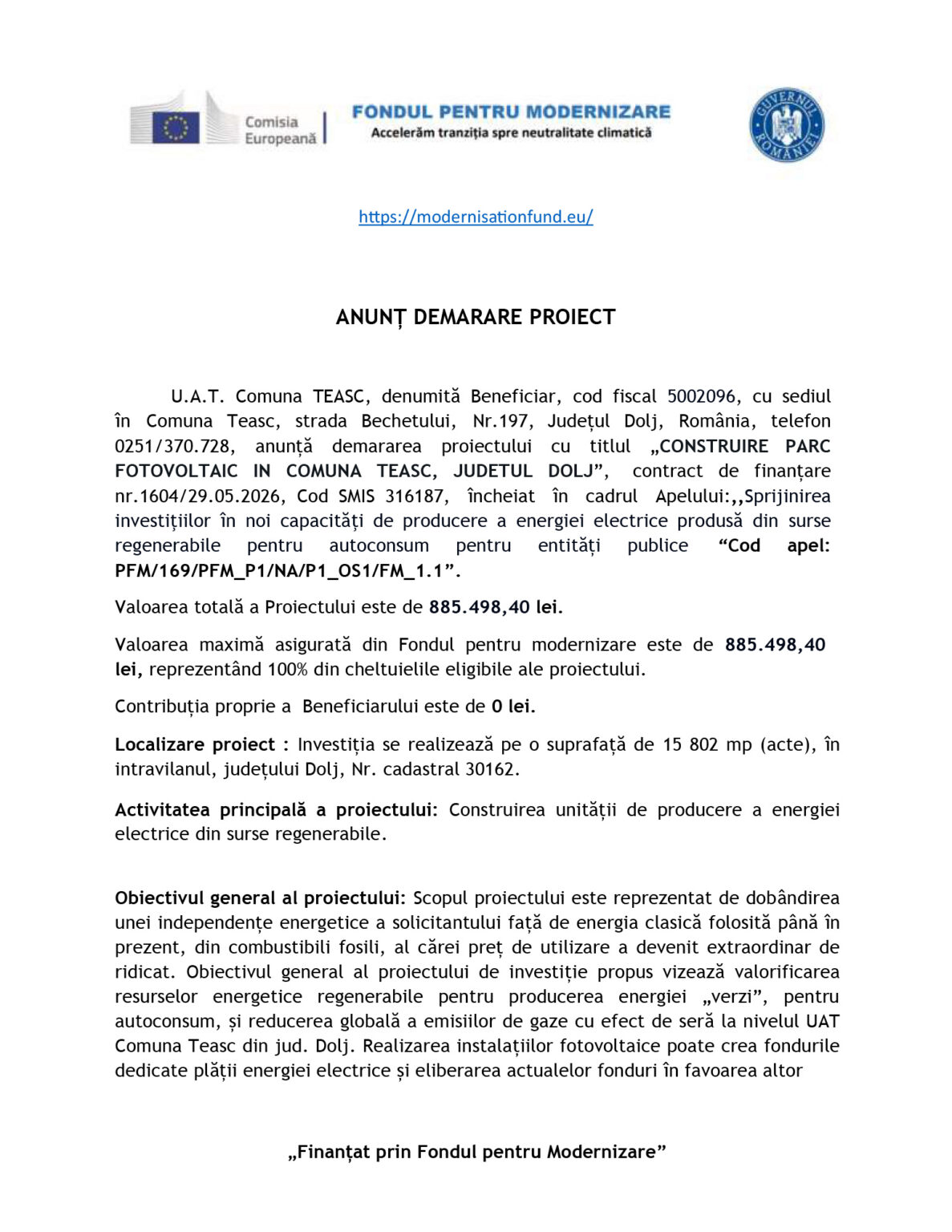 Header page with EU and Romanian logos, blue hyperlink to modernisationfund.eu, and the title 'ANUNȚ DEMARARE PROIECT' with opening project text in Romanian.