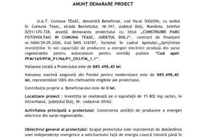 Header page with EU and Romanian logos, blue hyperlink to modernisationfund.eu, and the title 'ANUNȚ DEMARARE PROIECT' with opening project text in Romanian.