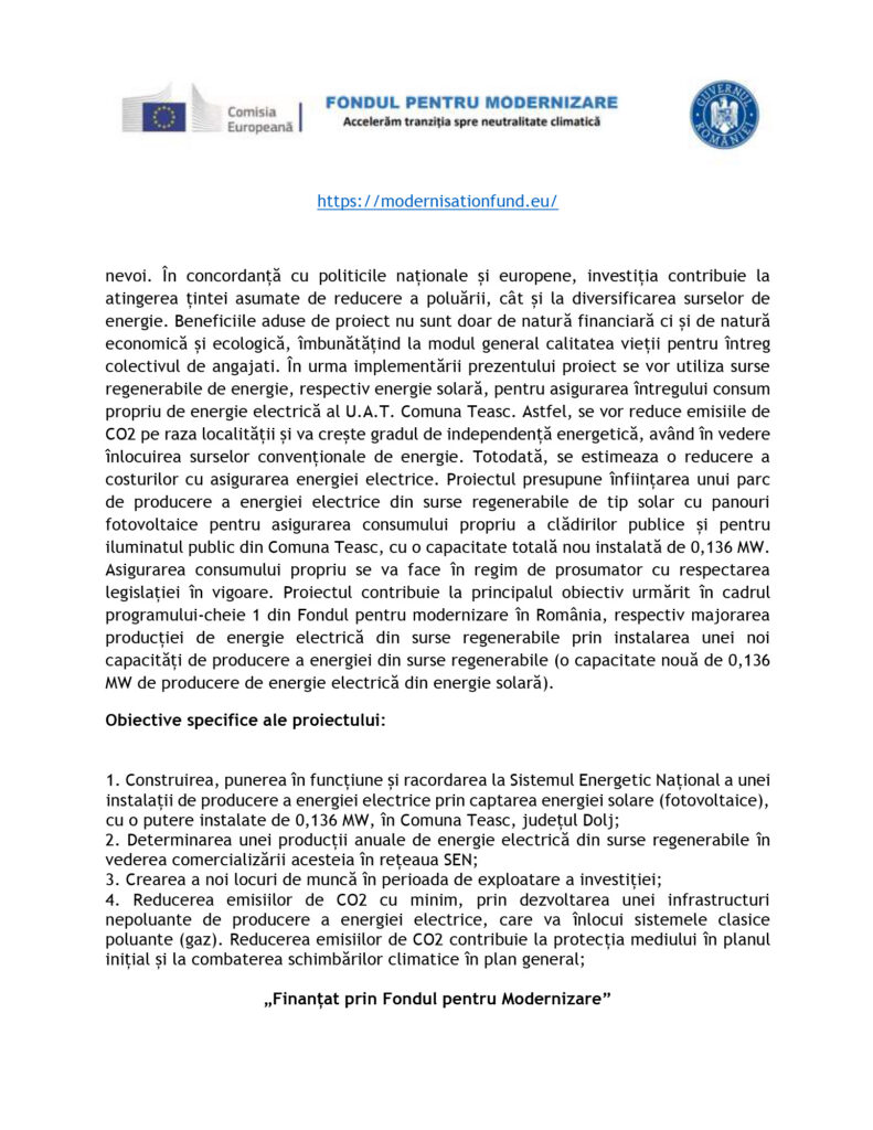 Header with EU and Romanian government logos, the title 'Fondul pentru Modernizare', a blue project link, and a Romanian text excerpt (informational document).