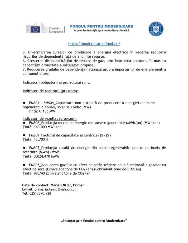 Document header with EU and government logos, a blue hyperlink, and a Romanian project indicators list.