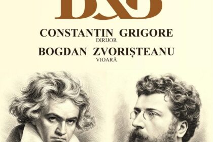 Poster for a classical concert featuring Beethoven and Bizet by Filarmonica Oltenia Craiova, with their portraits on the lower half and initials 'BB' top center.