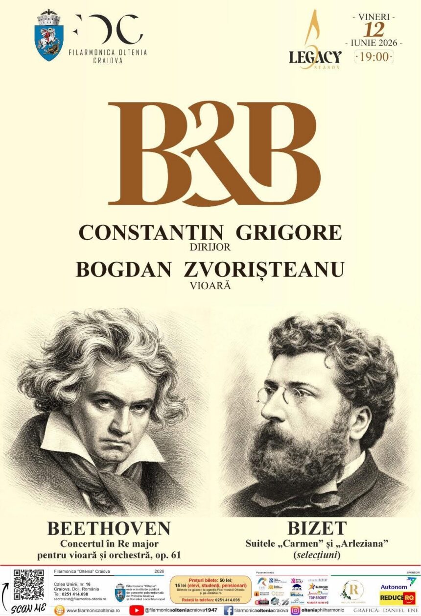 Poster for a classical concert featuring Beethoven and Bizet by Filarmonica Oltenia Craiova, with their portraits on the lower half and initials 'BB' top center.