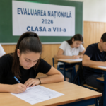 Students in a classroom take a written exam; a banner behind reads Evaluarea Națională 2026 Clasa a VIII-a, Romania.