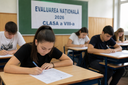 Students in a classroom take a written exam; a banner behind reads Evaluarea Națională 2026 Clasa a VIII-a, Romania.