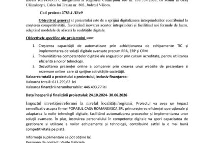 Header with EU and Romanian logos; title 'Comunicat de presă de final' and project details in Romanian (informational document header).