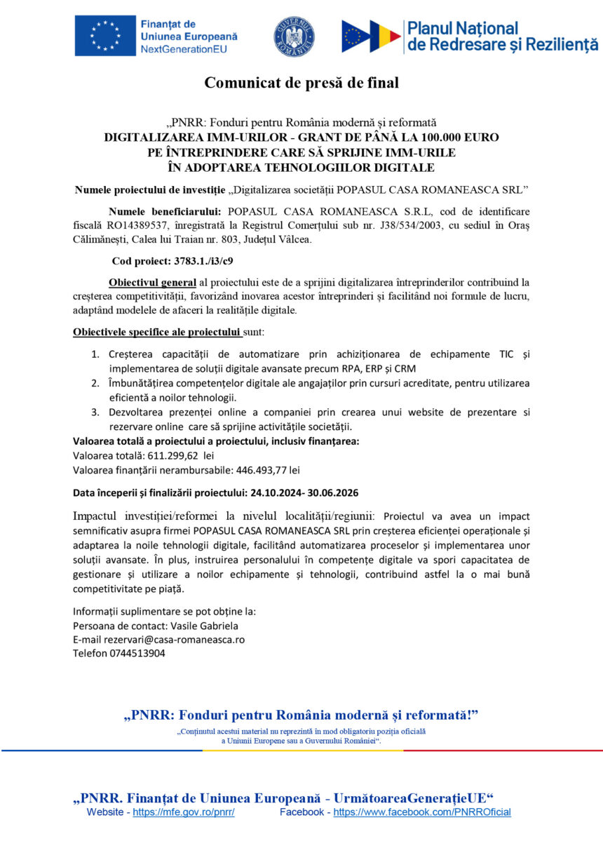 Header with EU and Romanian logos; title 'Comunicat de presă de final' and project details in Romanian (informational document header).