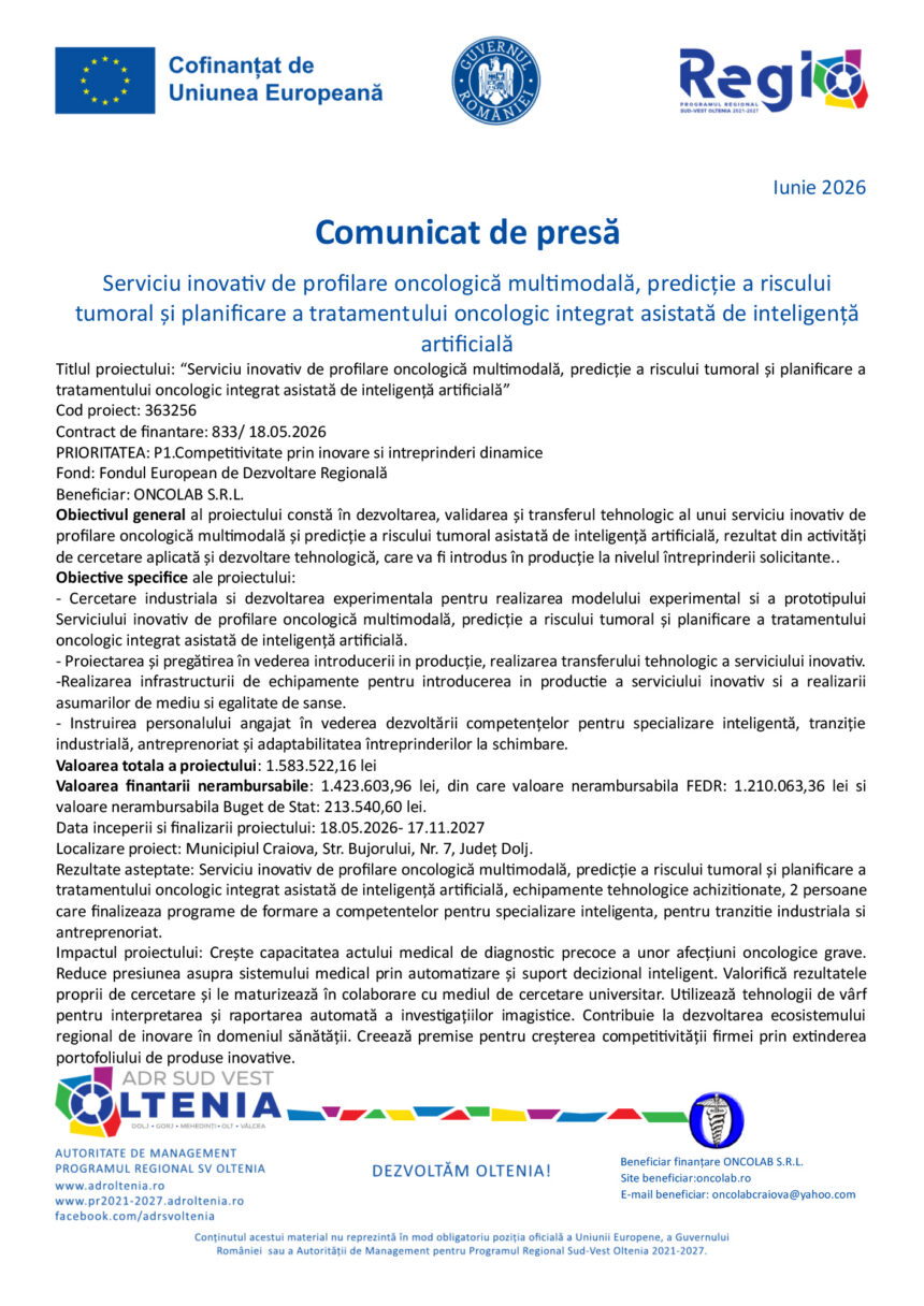 Press release header with EU, Romanian government, and REGIO logos; Romanian title 'Comunicat de presă' and date 'Iunie 2026'.