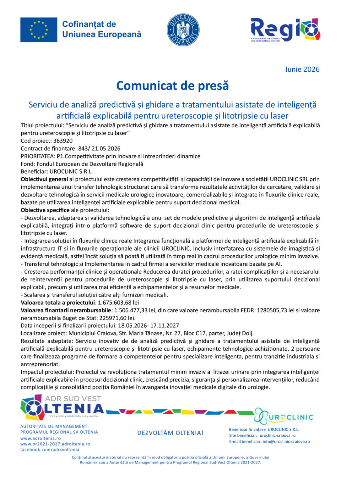 Press release page header with EU flag, Romanian government seal and Regio logos; title 'Comunicat de presă' and project details in Romanian.