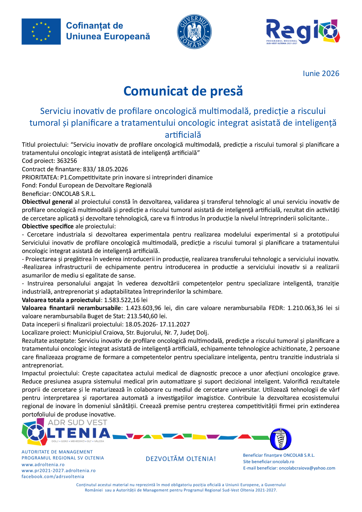 Press release header with EU, Romanian government, and REGIO logos; Romanian title 'Comunicat de presă' and date 'Iunie 2026'.