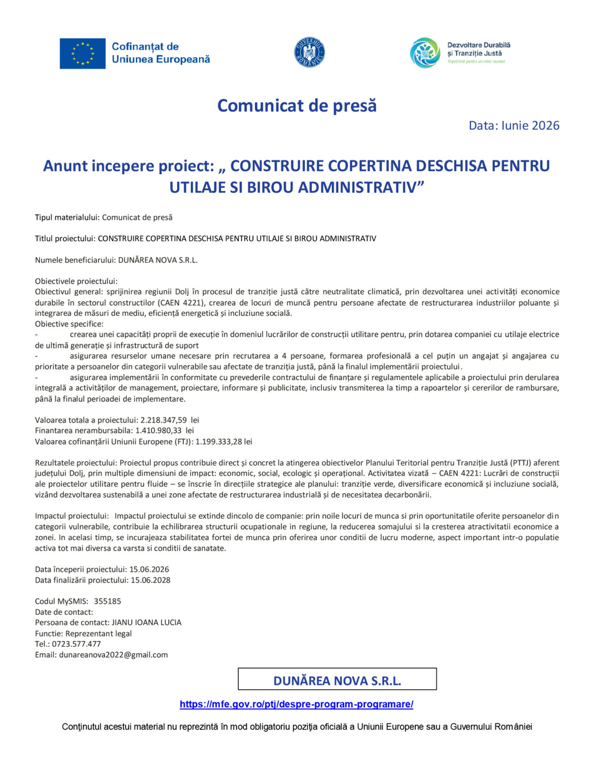 Comunicat de presa incepere proiect 1 1 - Jurnalul Olteniei – Știri din Craiova și Oltenia Press release document header with logos and title in Romanian: 'Comunicat de presă' and project details for Dunărea Nova S.R.L.