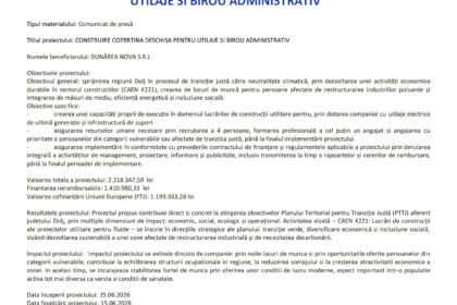 Press release document header with logos and title in Romanian: 'Comunicat de presă' and project details for Dunărea Nova S.R.L.