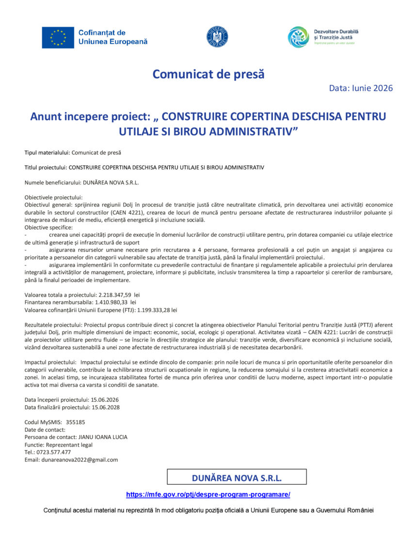 Press release document header with logos and title in Romanian: 'Comunicat de presă' and project details for Dunărea Nova S.R.L.